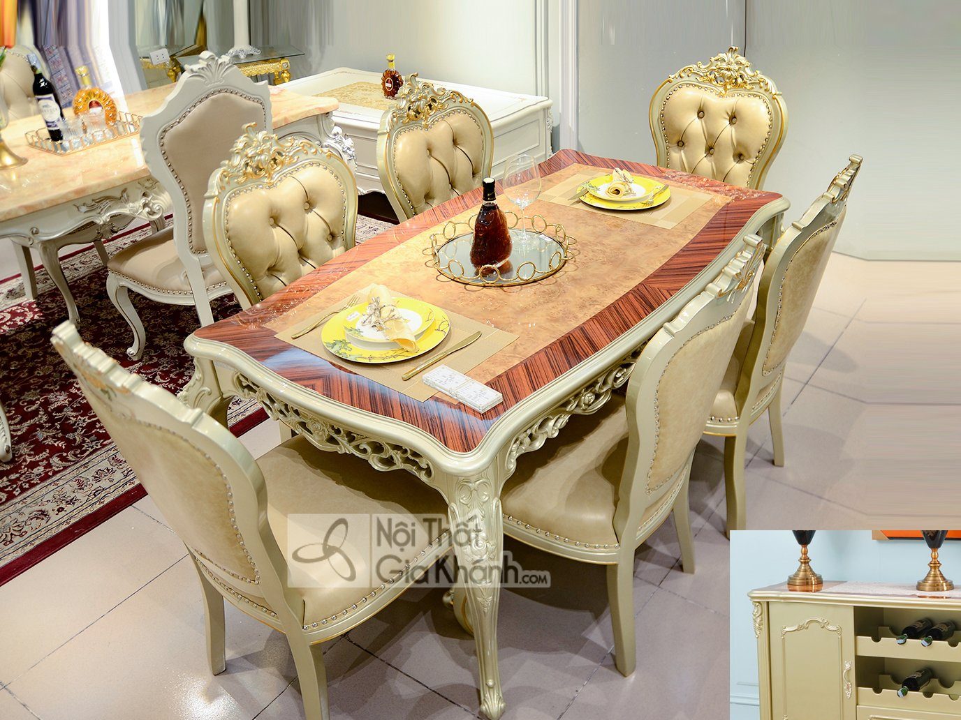 Bộ Bàn Ăn Chữ Nhật Gỗ Tân Cổ Điển PA 01