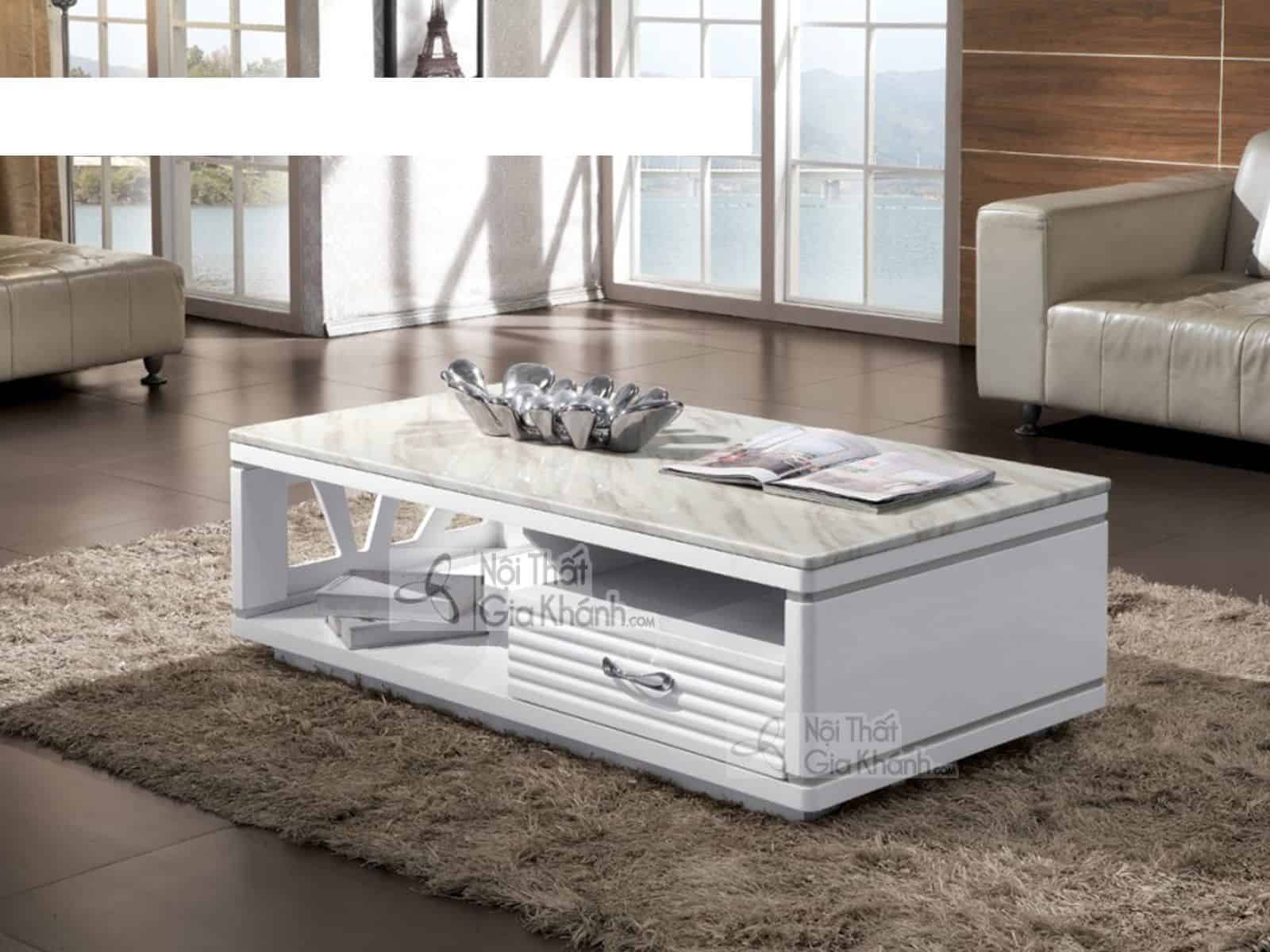 Bàn trà hiện đại với mặt đá trắng và ngăn kéo tiện lợi