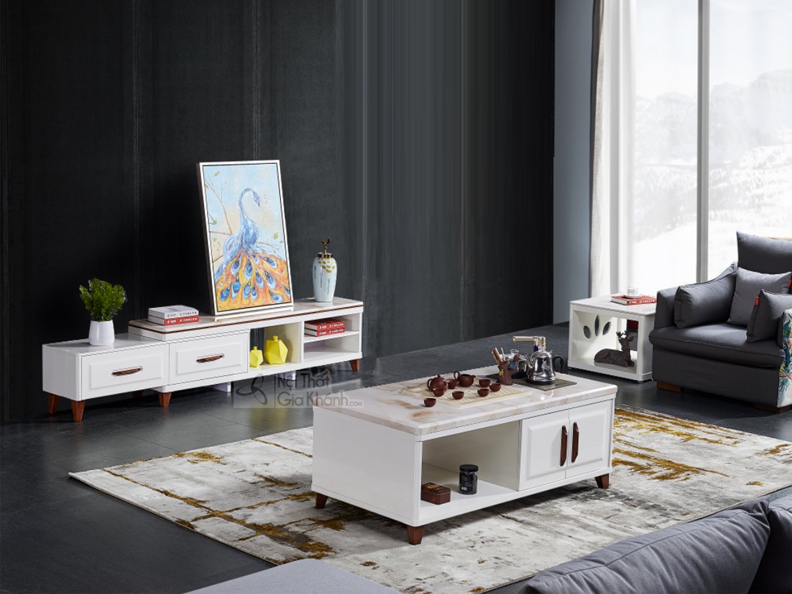 Bàn Trà Sofa Phòng Khách Gỗ Công Nghiệp Mặt Đá Hiện Đại K808-1