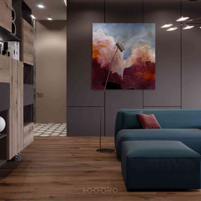 Thiết kế nội thất nhỏ và đẹp Thiết kế nội thất nhỏ và đẹp - showroom noi that nhap khau Colorful abstract painting in modern living room with dark blue couch silver floor lamp 800x800