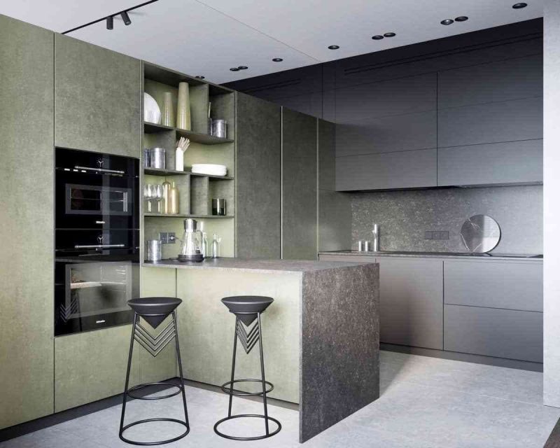 33 MẪU THIẾT KẾ NỘI THẤT PHÒNG BẾP 33 MẪU THIẾT KẾ NỘI THẤT PHÒNG BẾP - showroom noi that nhap khau Gray and green kitchen 800x640