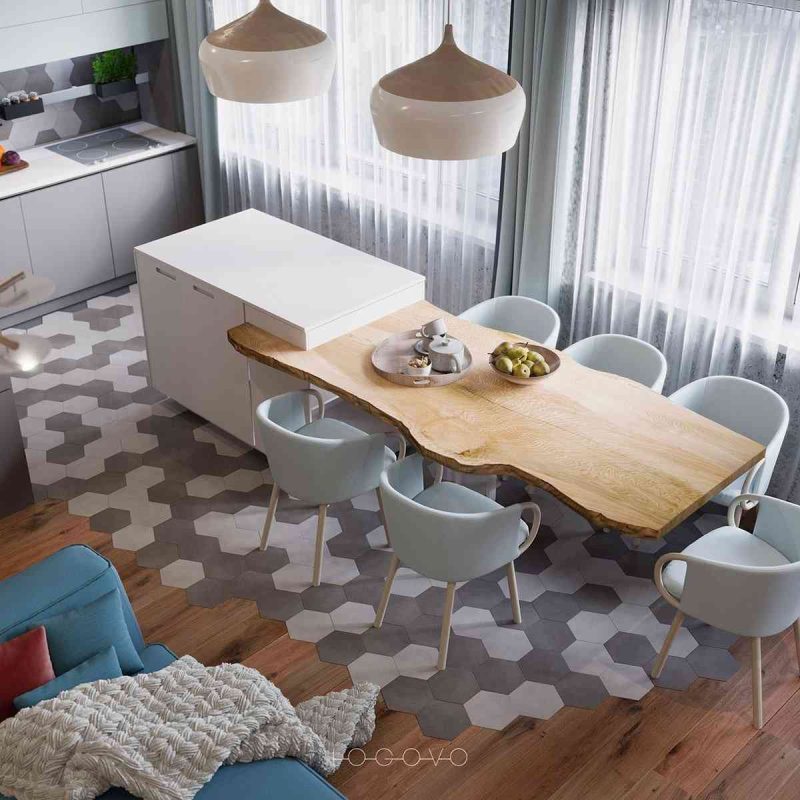 Thiết kế nội thất nhỏ và đẹp Thiết kế nội thất nhỏ và đẹp - showroom noi that nhap khau live edge kitchen island in modern kitchen with blue chairs 800x800
