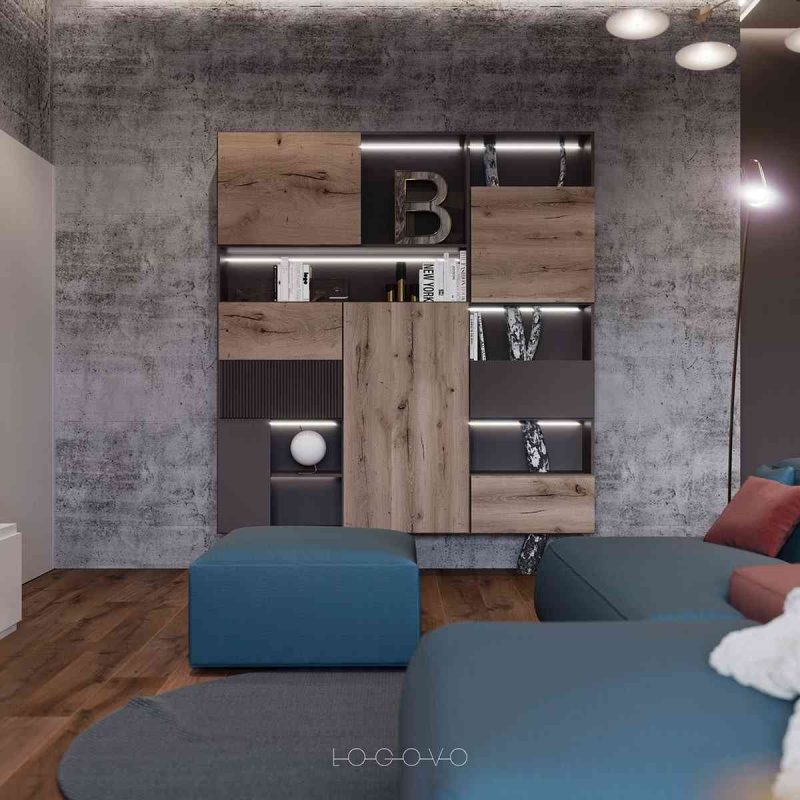 Thiết kế nội thất nhỏ và đẹp Thiết kế nội thất nhỏ và đẹp - showroom noi that nhap khau modern concrete accent wall in living room with wood shelving and blue couch 800x800